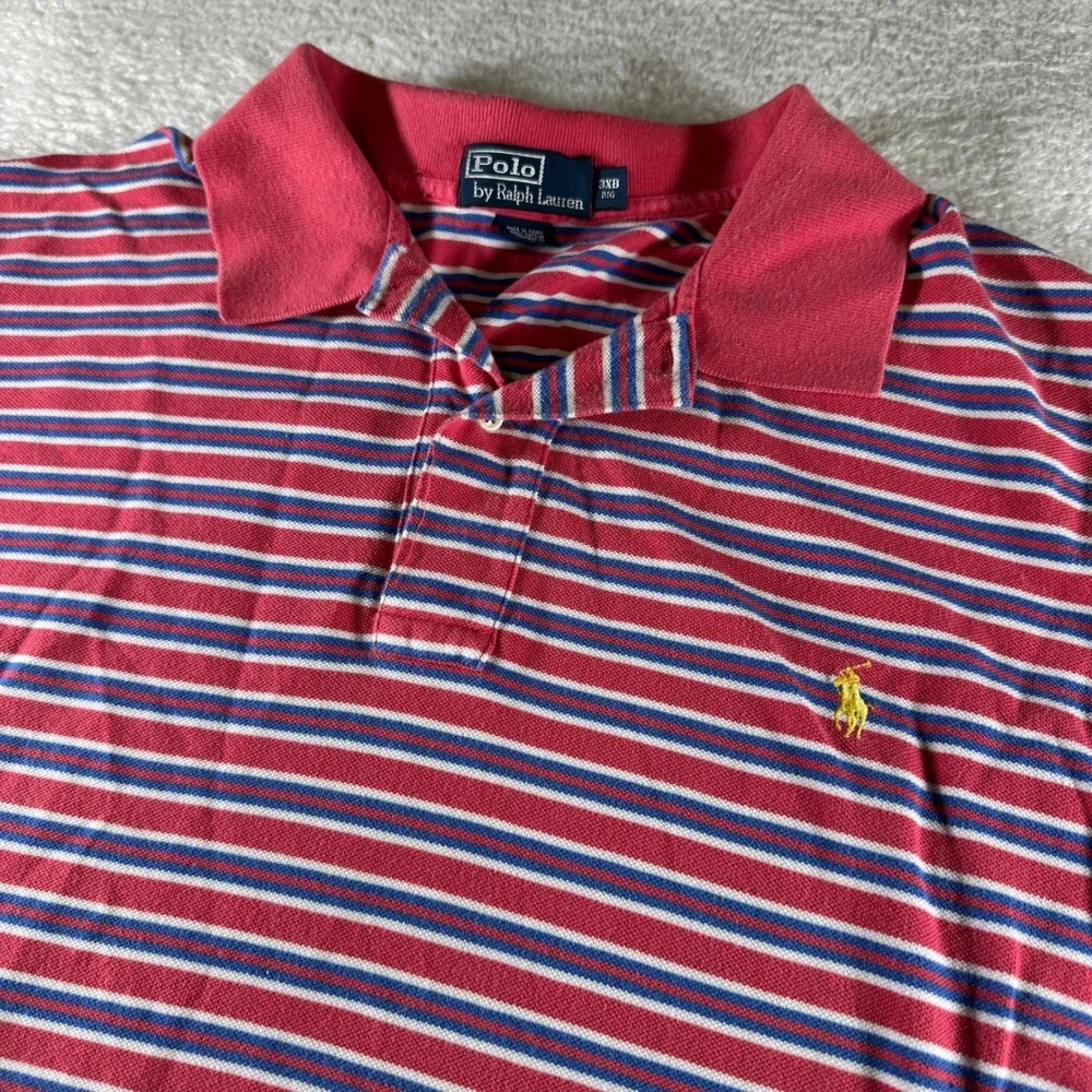 Vintage Polo Ralph Lauren 3XB Big Pink Blue Striped Polo Shirt Collar Button